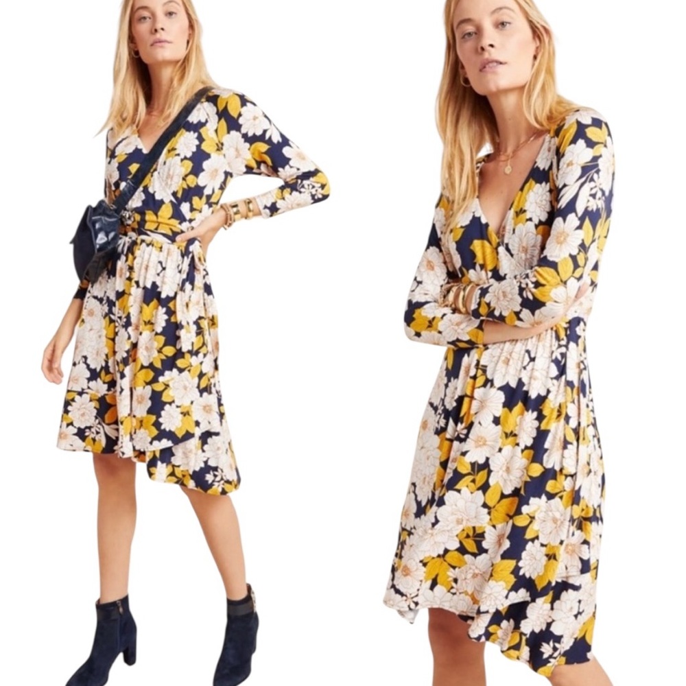 Anthropologie Maeve Angelique Navy Blue Yellow Floral Print Knit Wrap Dress - M